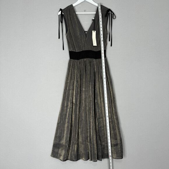 Pinch Dress Womens Small Gold Metallic Midi Party Deep V-Neck Cocktail Evening - Picture 9 of 16